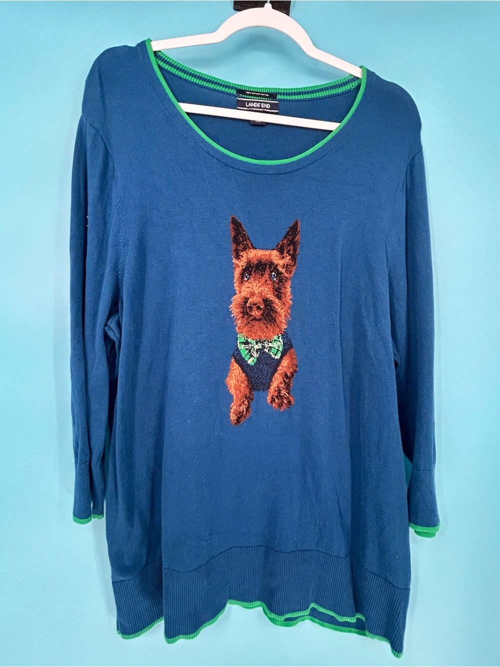 Lands' End Blue Pullover Sweater with Dog Motif and Green Trim